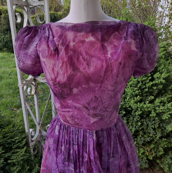XXS XS 50s 60s Purple Floral Garden Party Dress - Picture 2 of 16